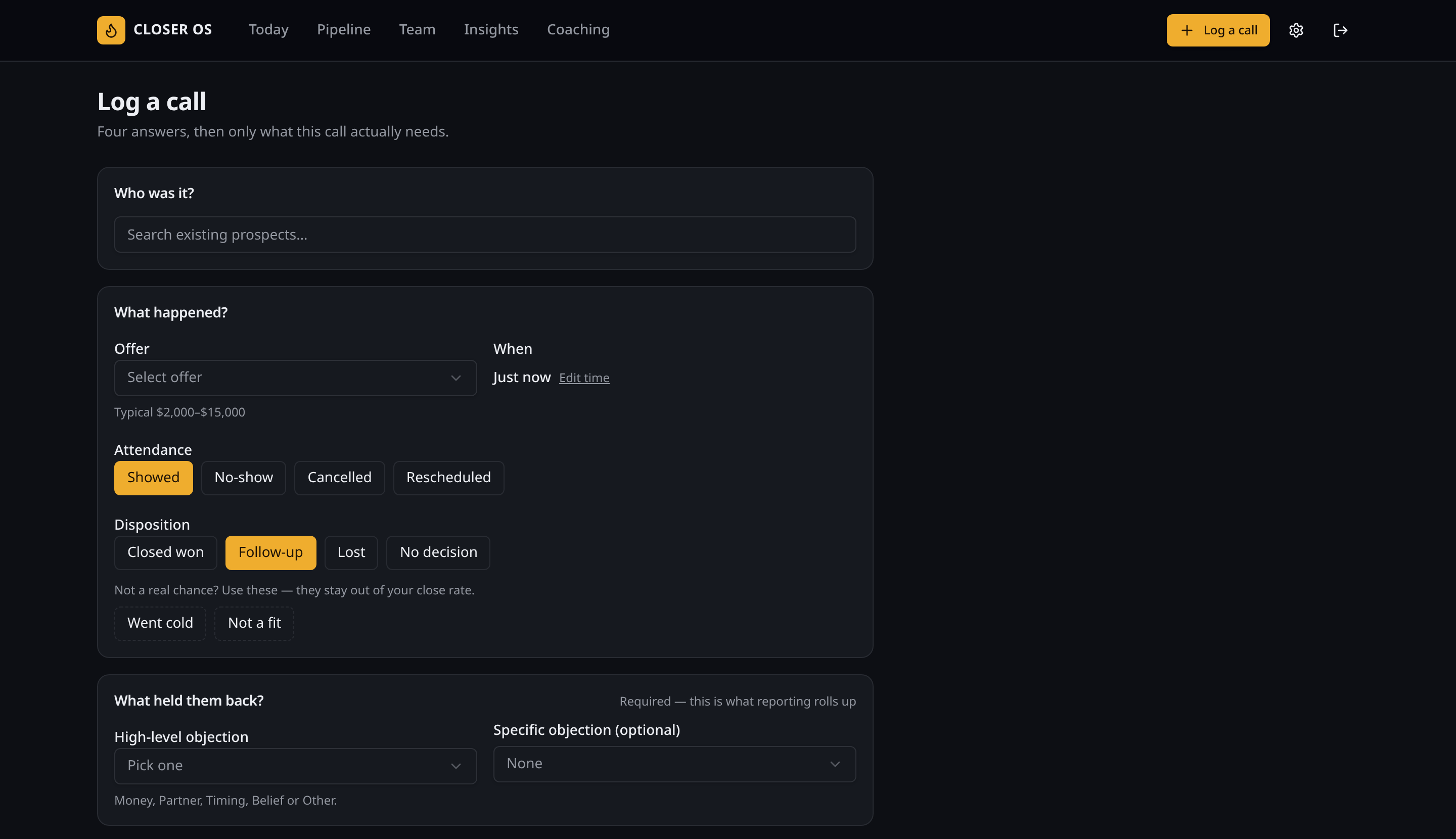 HT Call Tracker log a call form with attendance, disposition and objection fields